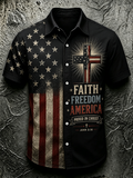 Men's Vintage American Flag Cross Faith Freedom Print Lapel Short Sleeve Button Down Shirt