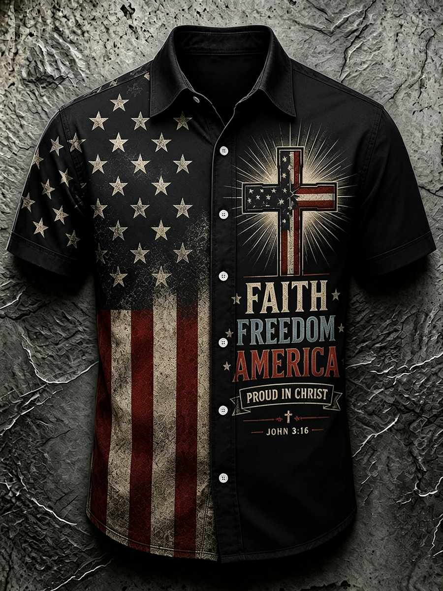 Men's Vintage American Flag Cross Faith Freedom Print Lapel Short Sleeve Button Down Shirt