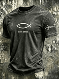 Men's Vintage Washed Jesus Saves Fish Symbol Cross Sleeve Crew Neck Short Sleeve T-Shirt