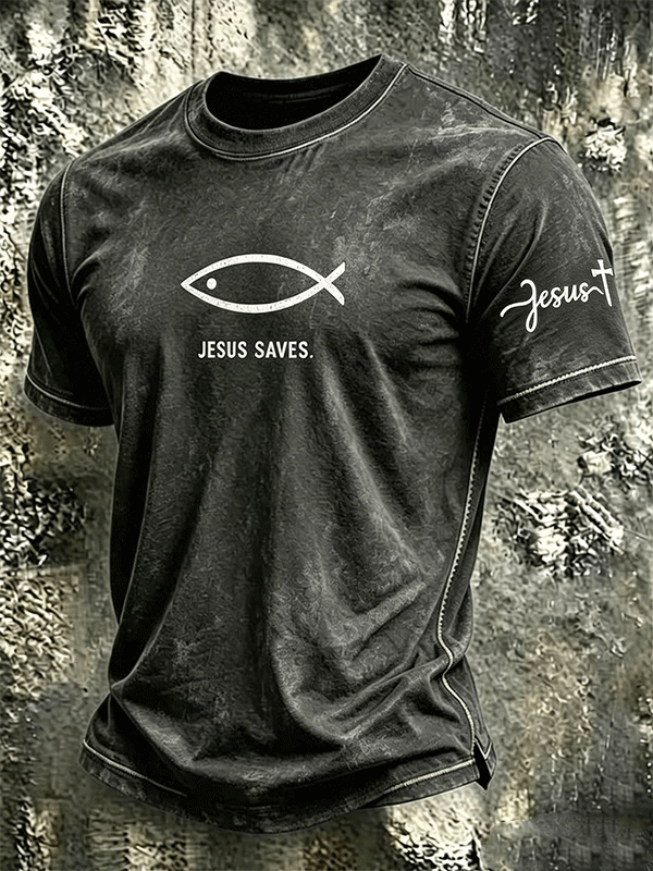 Men's Vintage Washed Jesus Saves Fish Symbol Cross Sleeve Crew Neck Short Sleeve T-Shirt