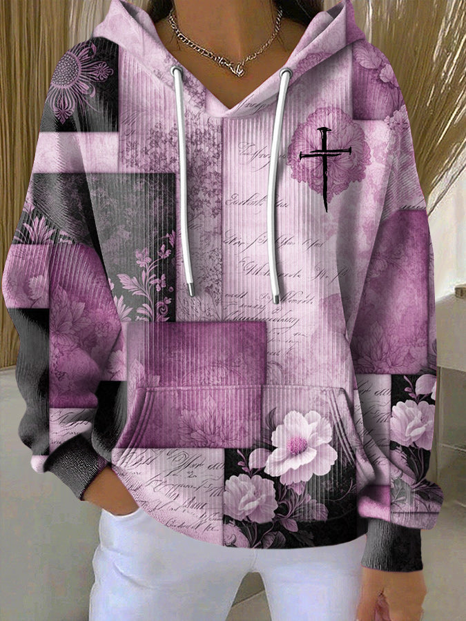 Jesus Cross Print Hooded Knitted Long Sleeved Sportswear