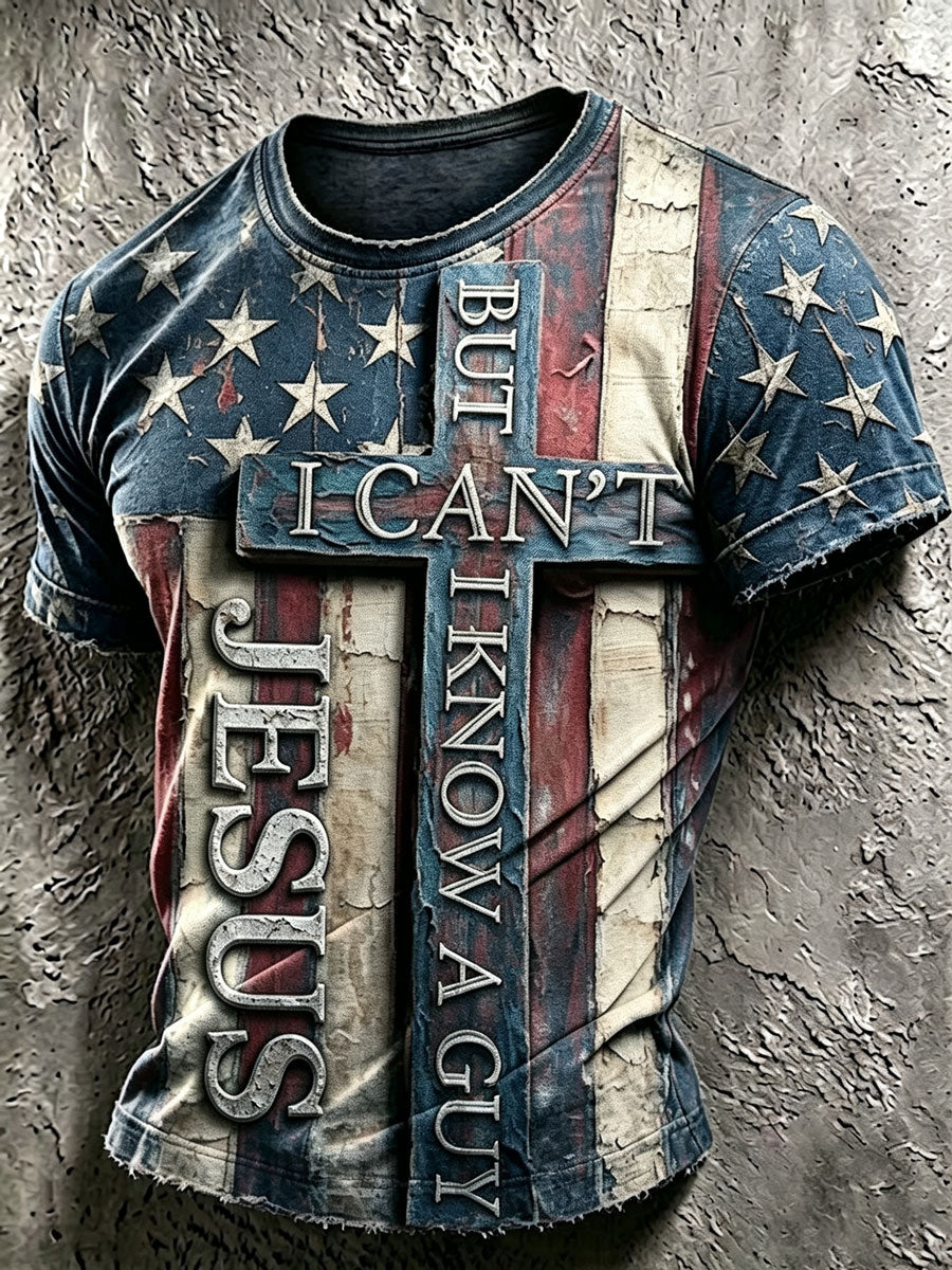 Men'S Retro American Flag Cross “I CAN'T BUT I KNOW A GUY ”Pattern Short Sleeve T-Shirt
