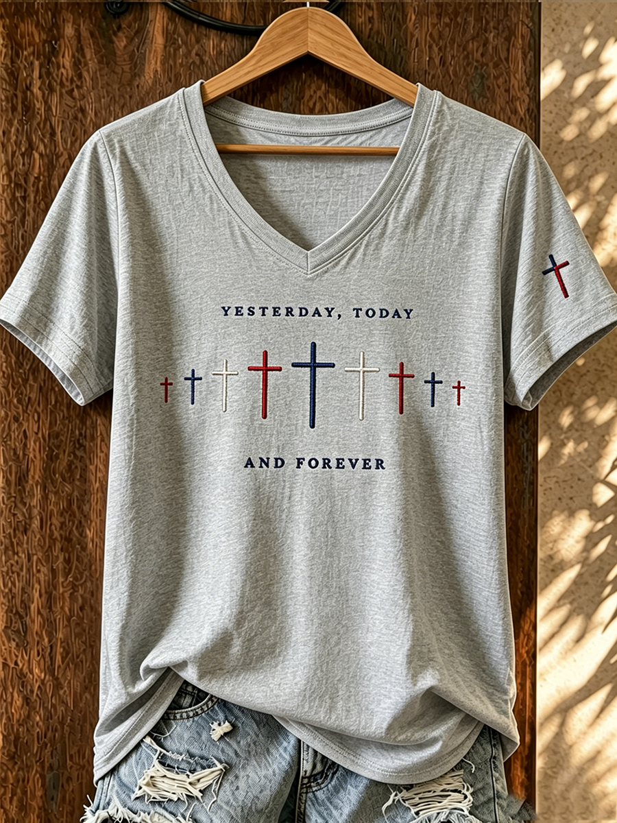 American Faith Jesus Cross Commemorative Print V-Neck T-Shirt