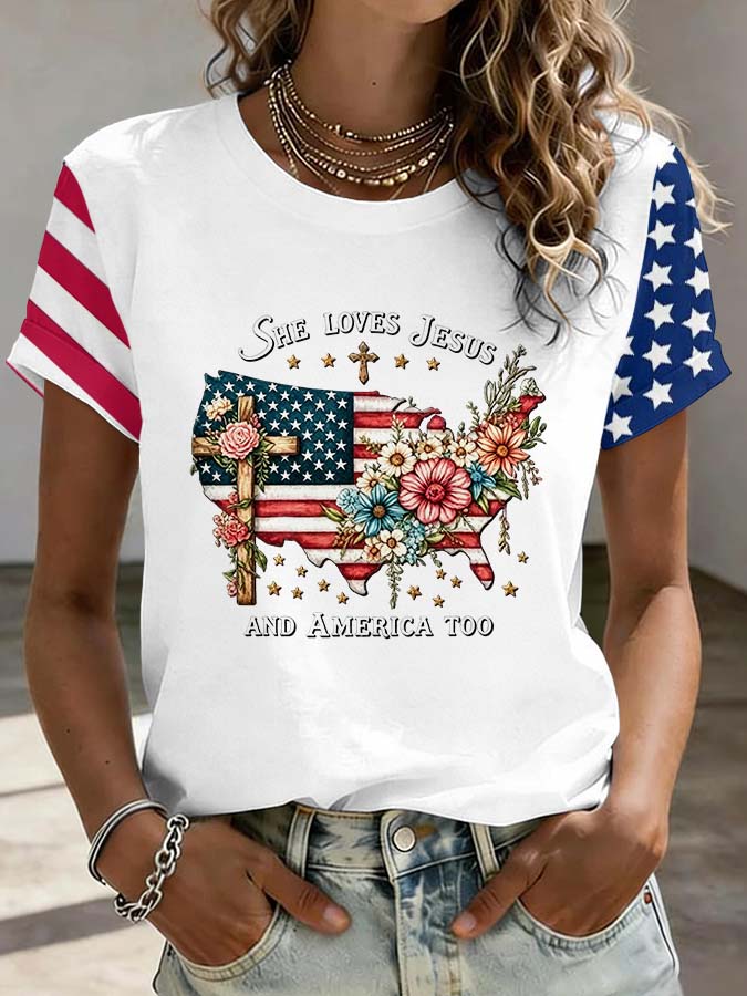American Women'S 250Th Anniversary Love Jesus And American Round Neck Casual T-Shirt