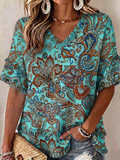 Women's Turquoise Paisley Embroidered Boho Western V-Neck Blouse