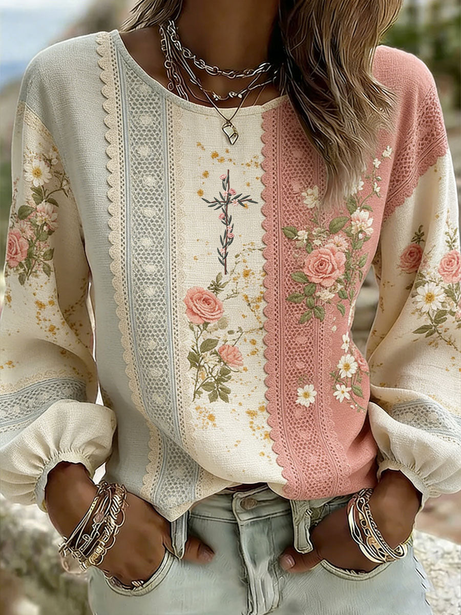 Women'S Casual Floral Faith Print Cotton Linen Top