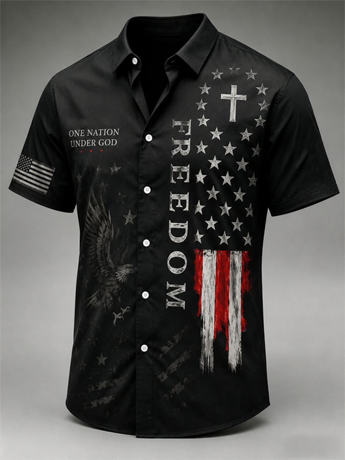 Men's One Nation Under God Freedom Eagle Vintage American Flag Cross Print Short Sleeve Button Down Casual Shirt