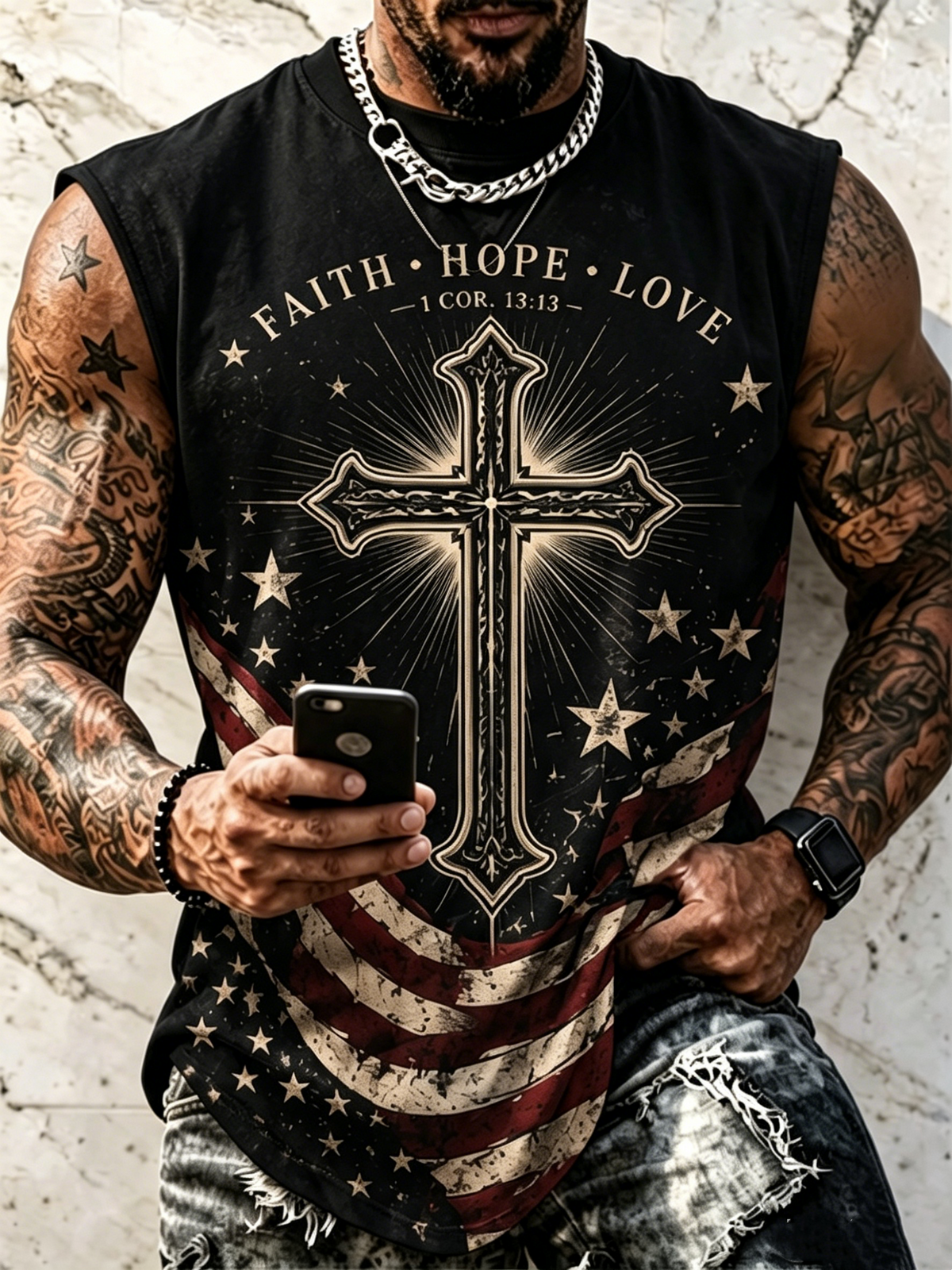 Men'S Cross Pattern Printed Round Neck Tank Top