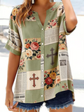 Women'S Retro Casual Floral Cross Art Print Short-Sleeve Shirt