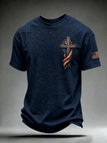 Men's Embossed Floral Cross American Flag Wrap Men's Patriotic Short Sleeve Tee