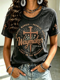 Women's retro faith art cross print round neck short sleeved T-shirt