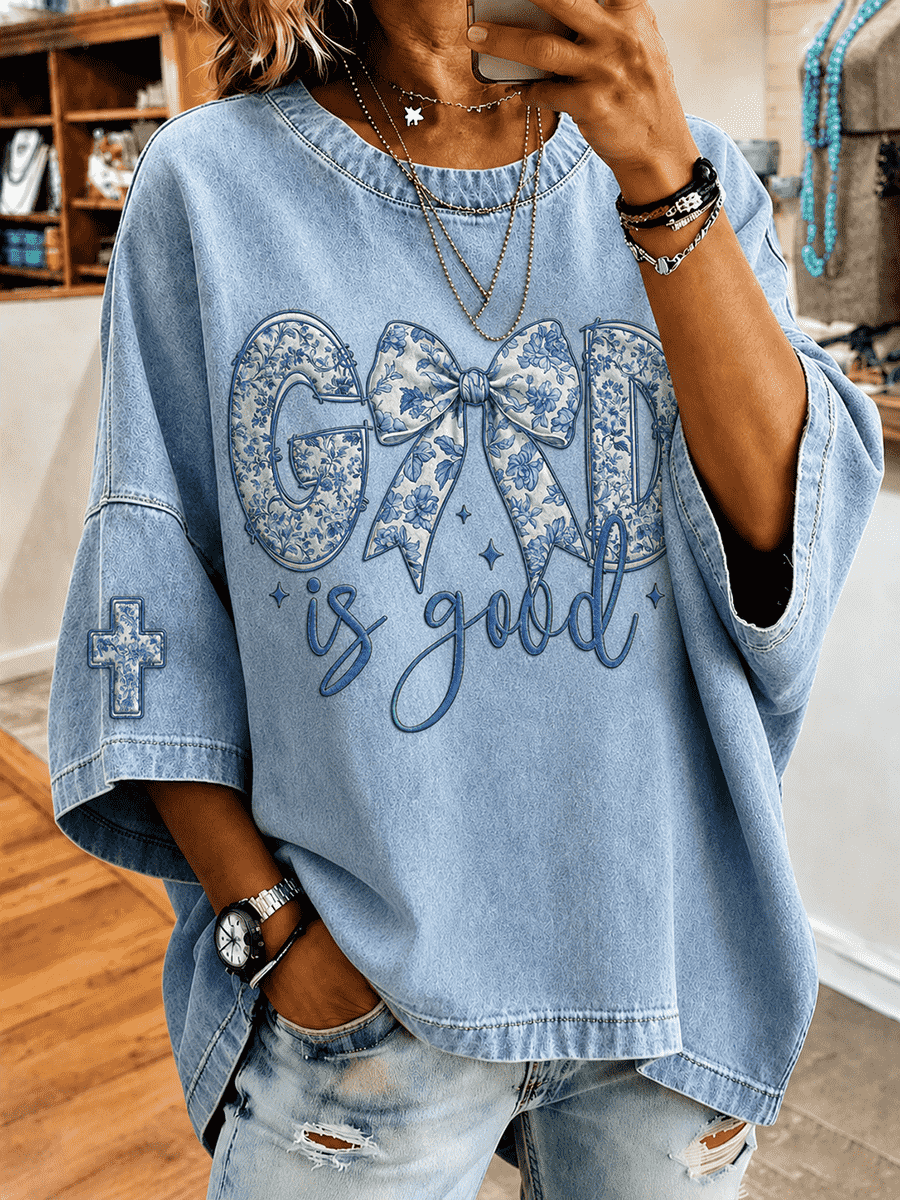 Women's God Is Good Blue Floral Bow Patch Cross Sleeve Print Oversized Tee