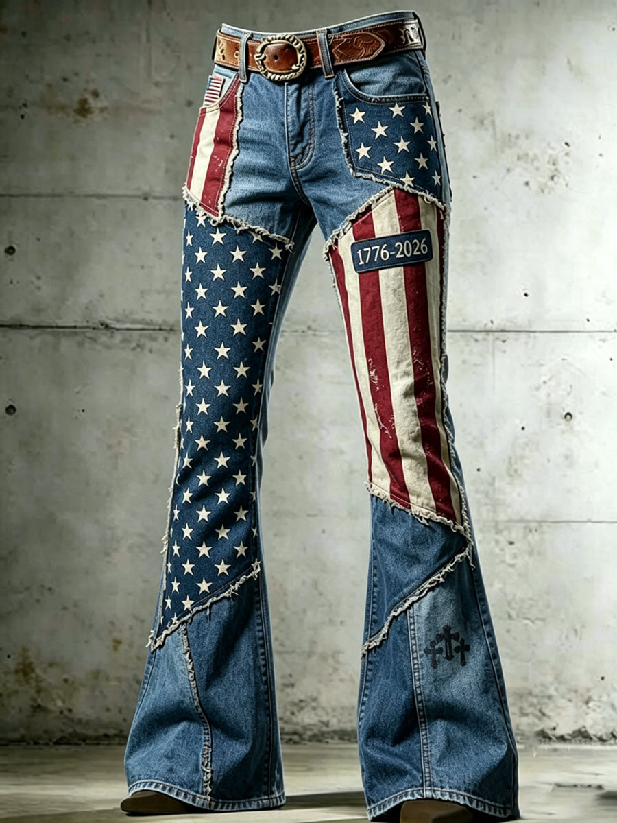 Ladies' American Flag Pattern Cross Printed Trumpet Pants