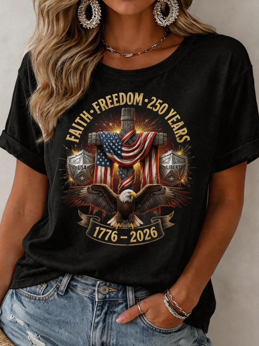 Women'S Faith Freedom Cross American Flag Print Casual T-Shirt