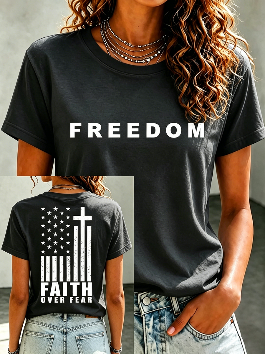 Freedom America Flag Faith Commemorative Printed Casual T-Shirt