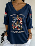 Women'S Independence Day Printed V Neck 3/4 Sleeve Casual Tee