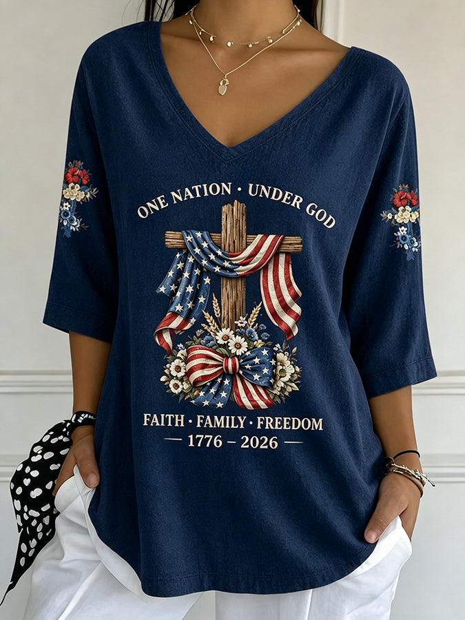 Women'S Independence Day Printed V Neck 3/4 Sleeve Casual Tee