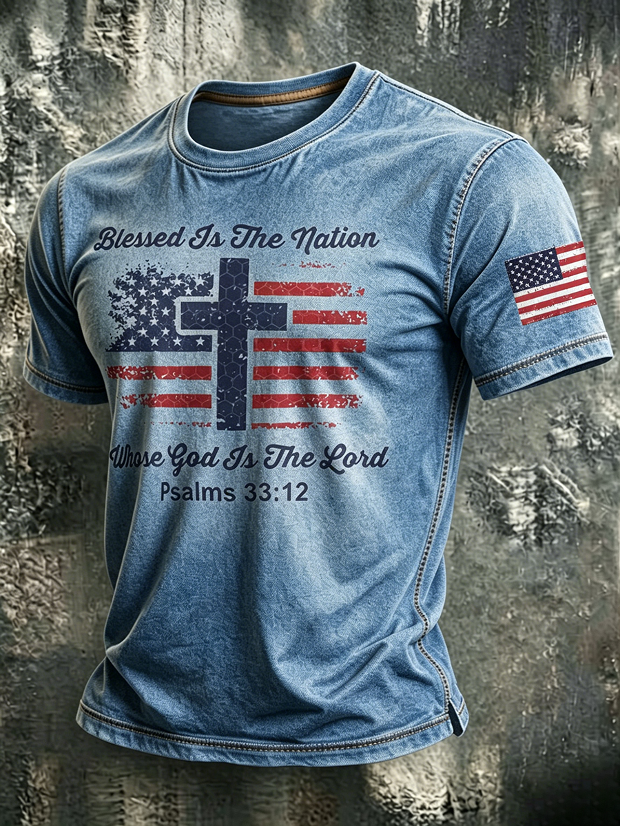 American Flag Faith Cross Slogan Commemorative Print Round Neck T-shirt