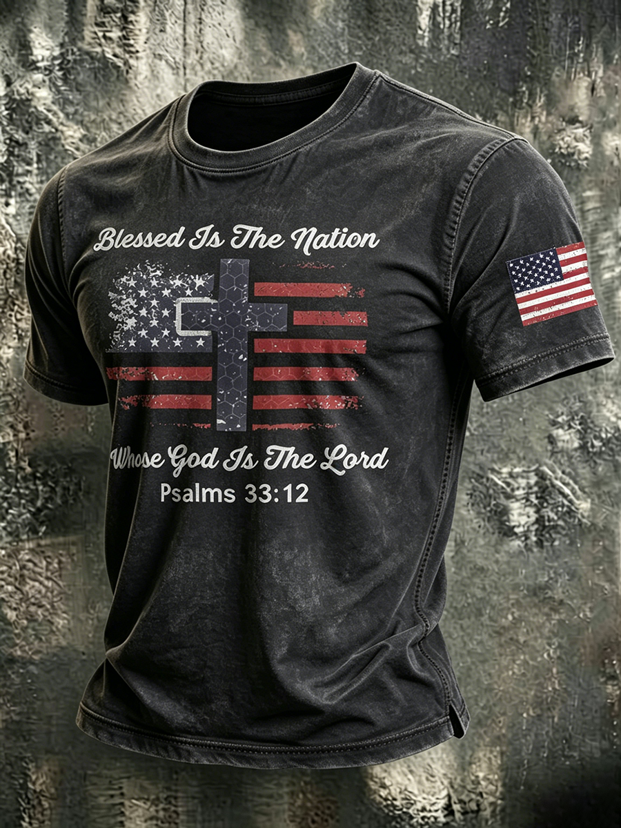 American Flag Faith Cross Slogan Commemorative Print Round Neck T-shirt