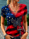 Women's USA Flag Rhinestone Butterfly Cross Rose Art Print Casual T-Shirt