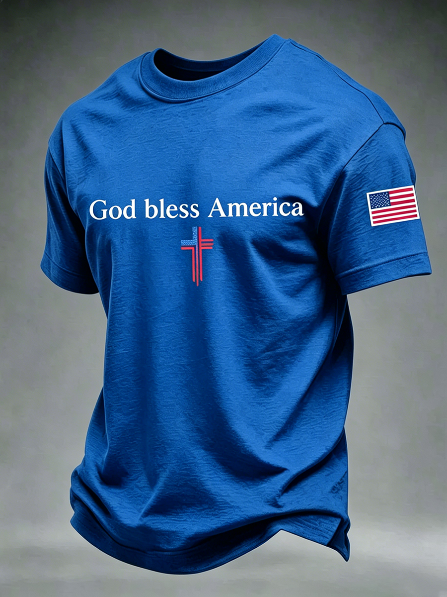 God Bles America Faith Cross Commemorative Printed Round Neck T-Shirt