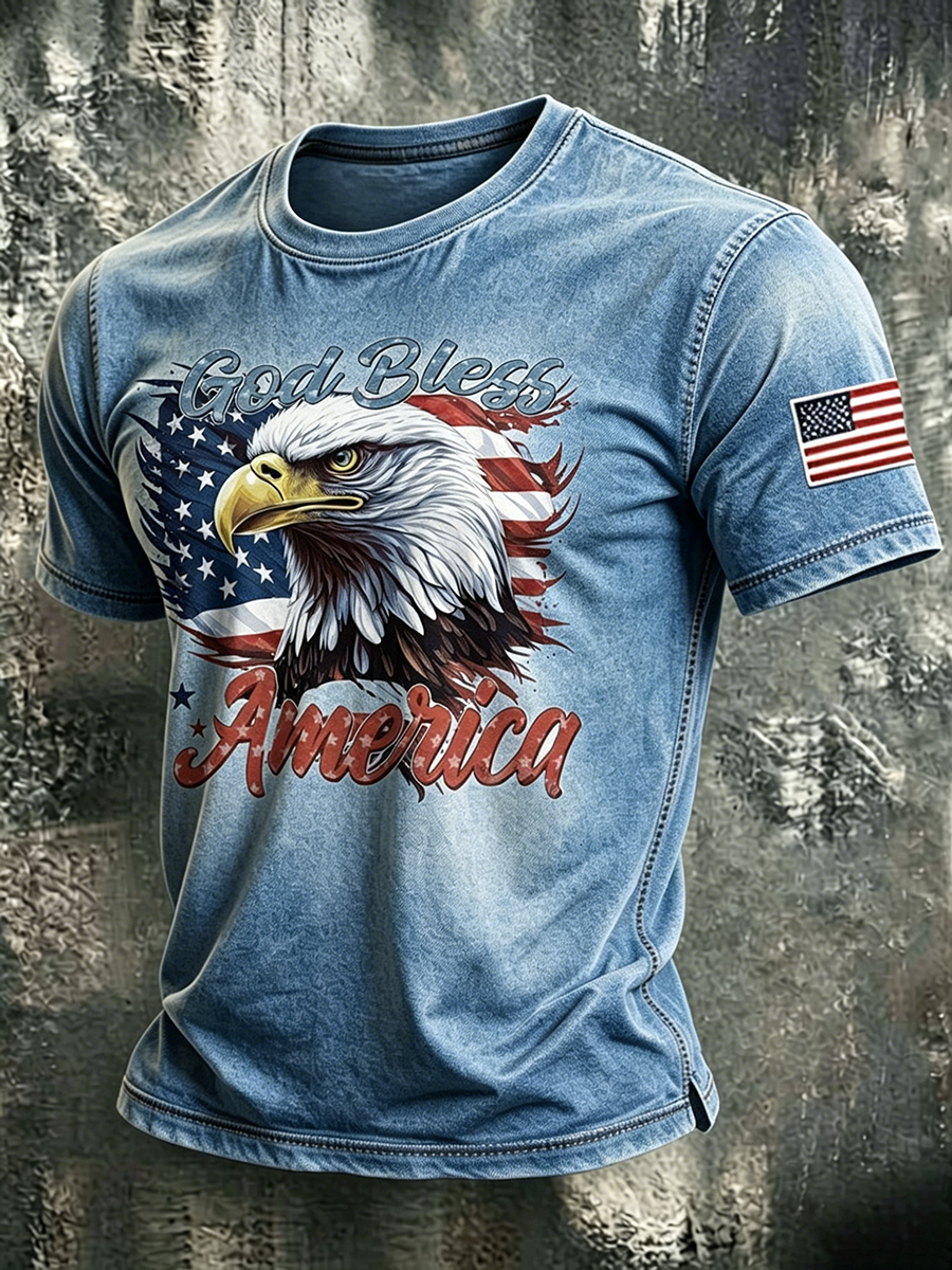 God Bles America Eagle Faith Commemorative Printed Round Neck T-Shirt