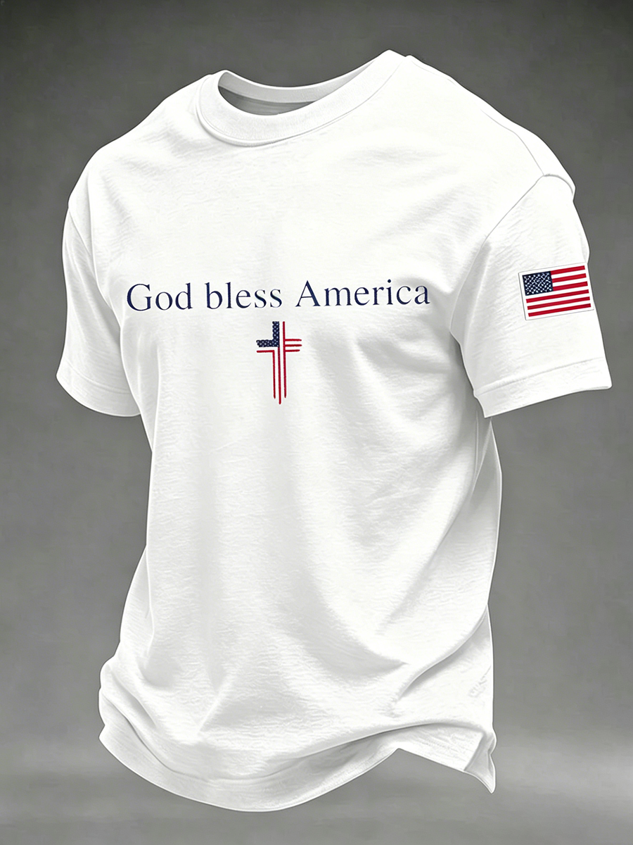 God Bles America Faith Cross Commemorative Printed Round Neck T-Shirt