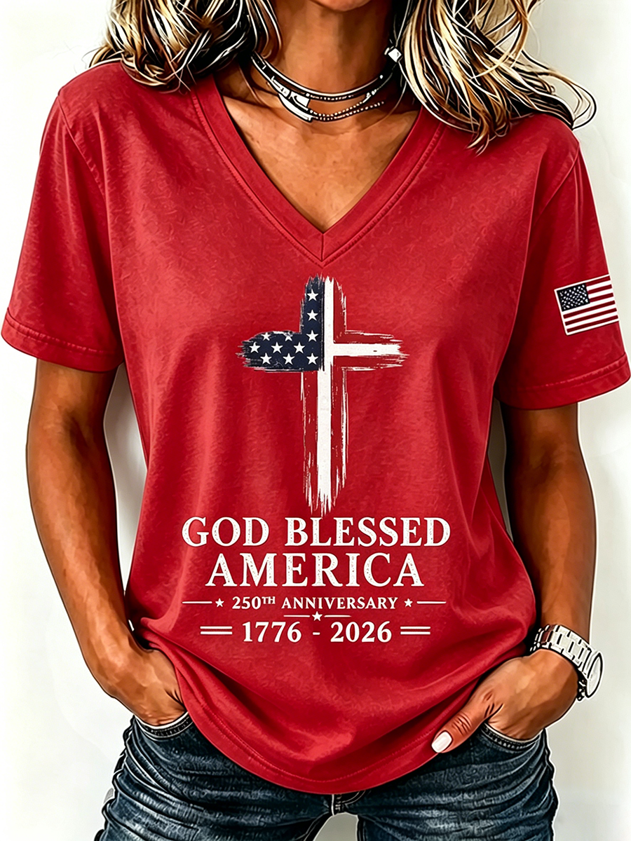God Blessed America Commemorative Print V-Neck T-Shirt