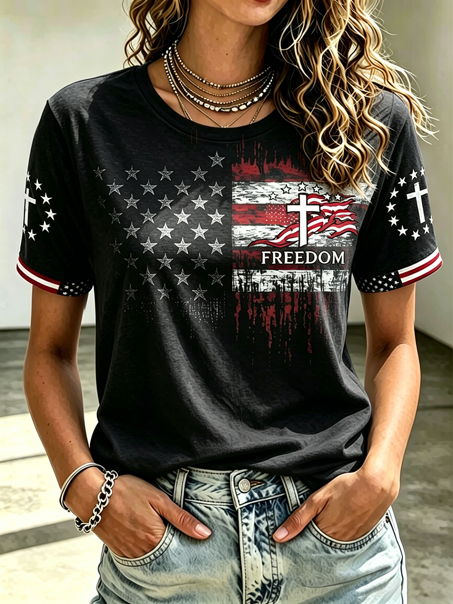 American Flag Faith Cross Commemorative Print Round Neck T-Shirt