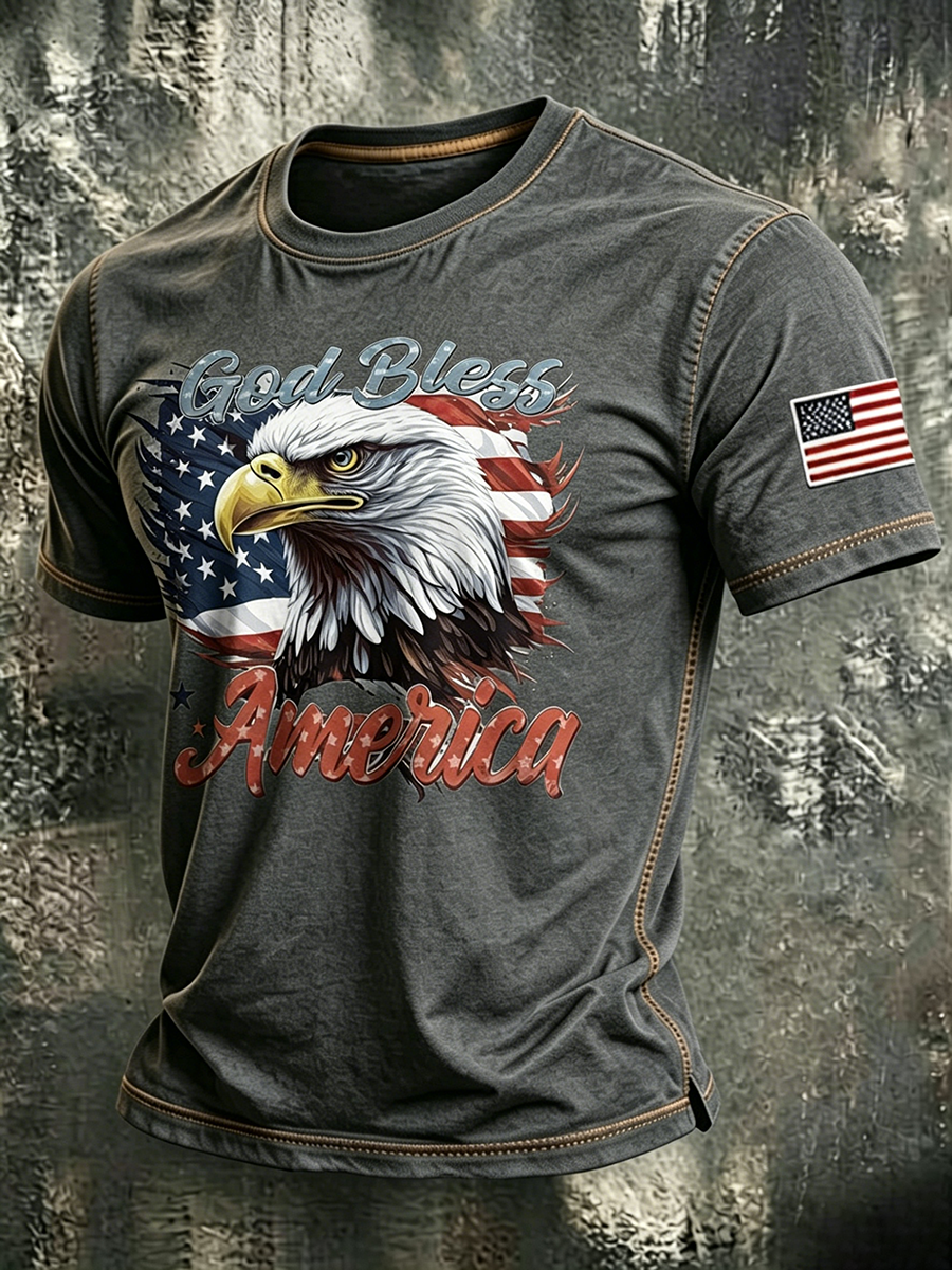 God Bles America Eagle Faith Commemorative Printed Round Neck T-Shirt