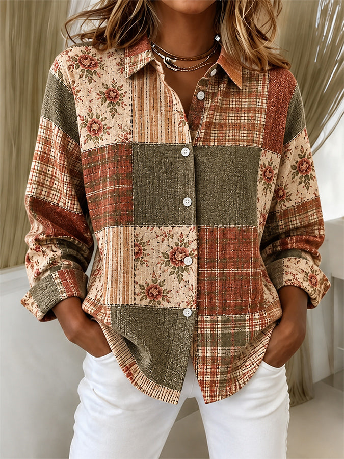 Women's Plaid Print Lapel Long Sleeve Shirt