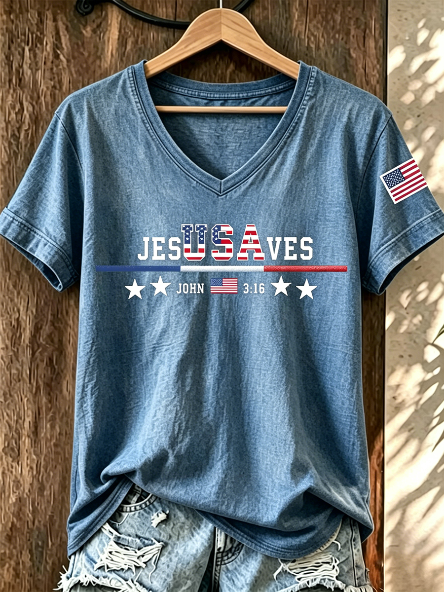 American Faith Jesus Cross Commemorative Print V-Neck T-Shirt