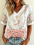 Women's Religion Floral Embroidered Art Pattern V Neck T-shirt