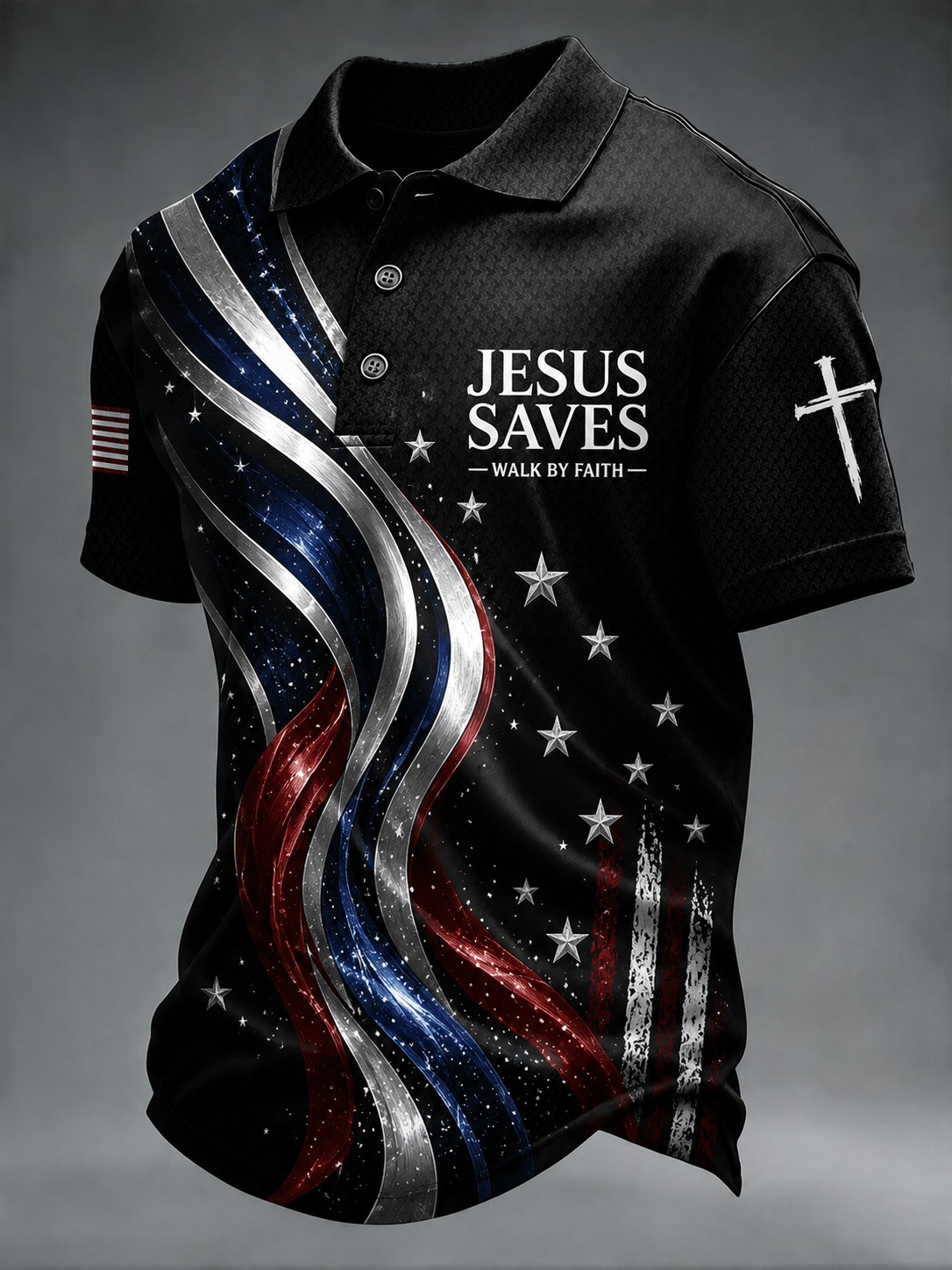 Men'S Casual Faith “Jesus Saves Walk By Faith”Printed Short Sleeved Polo Shirt