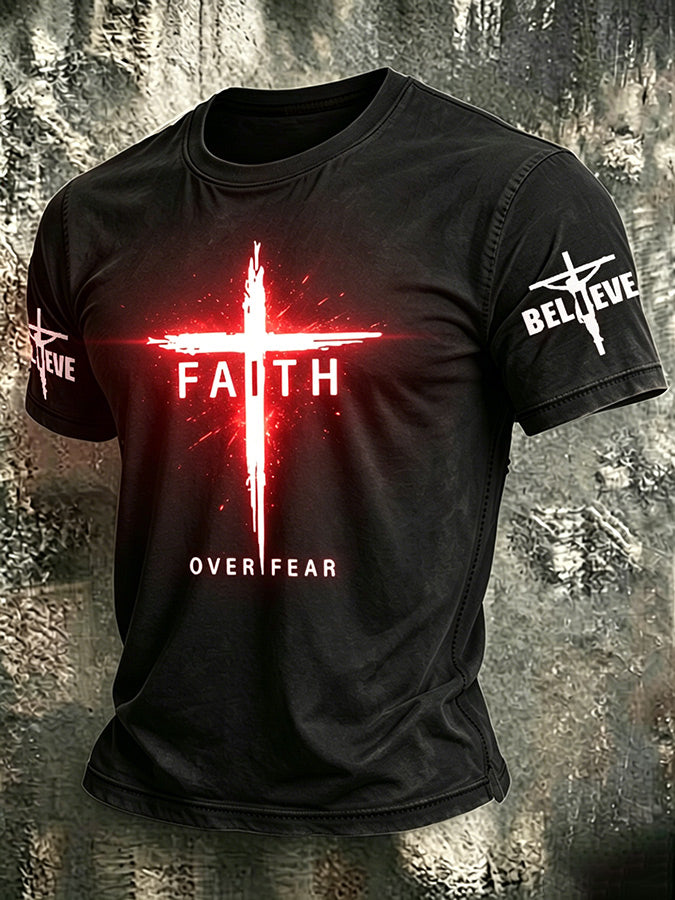 Religious Faith Cross Jesus Washed Into Old Printed Round Neck T-Shirt