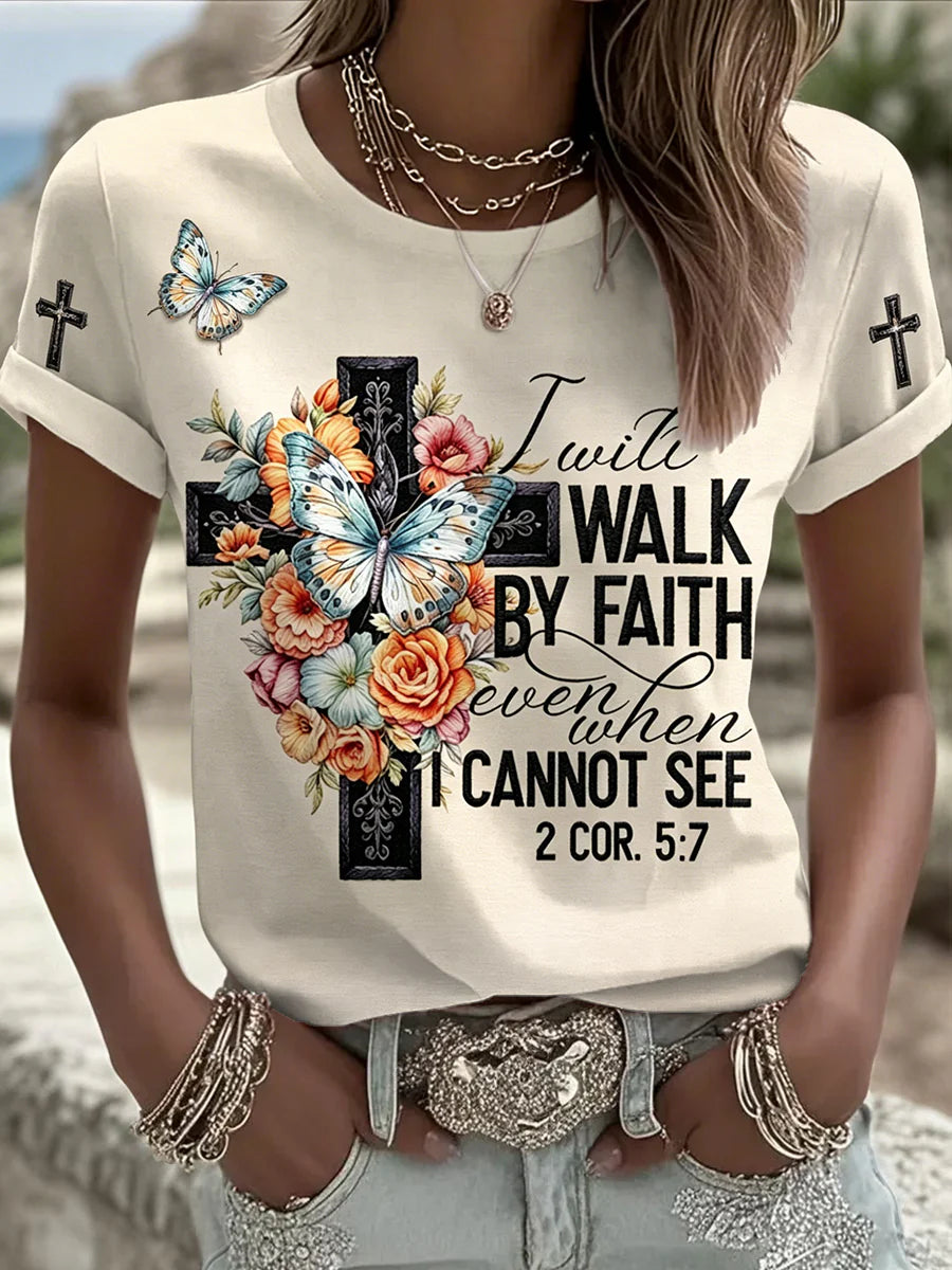 Women's Love for Jesus American Flag Cross Color Short Sleeved T-Shirt