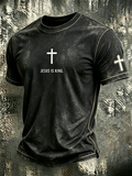 Religious Belief Jesus Cross Print Round Neck Washed Top