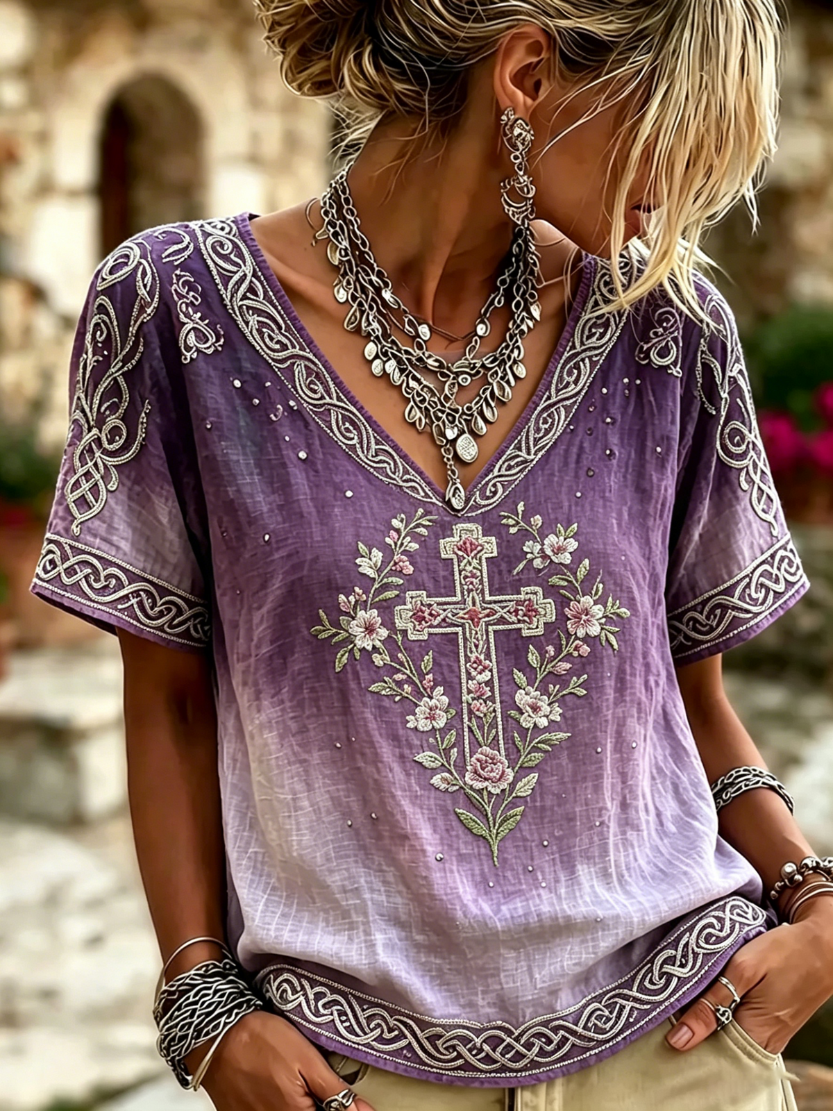 Vintage floral faith cross embroidery printed cotton and linen top