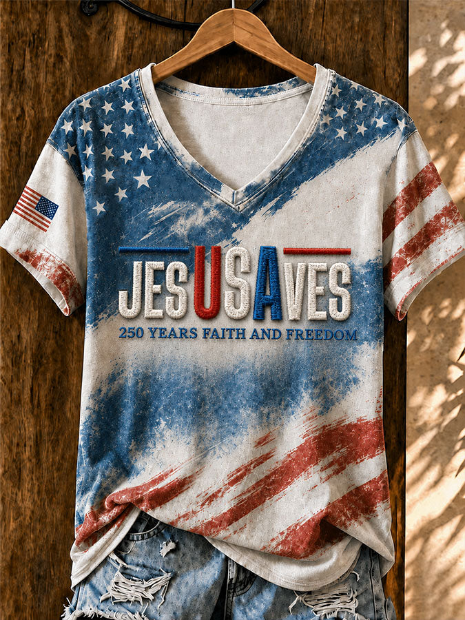 Women'S Faith American Flag Printed Casual V-Neck T-Shirt