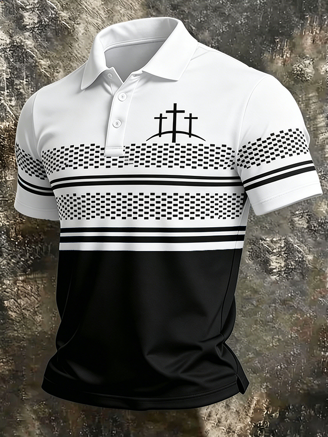 Men's Three Crosses Christian Print Polo Shirt