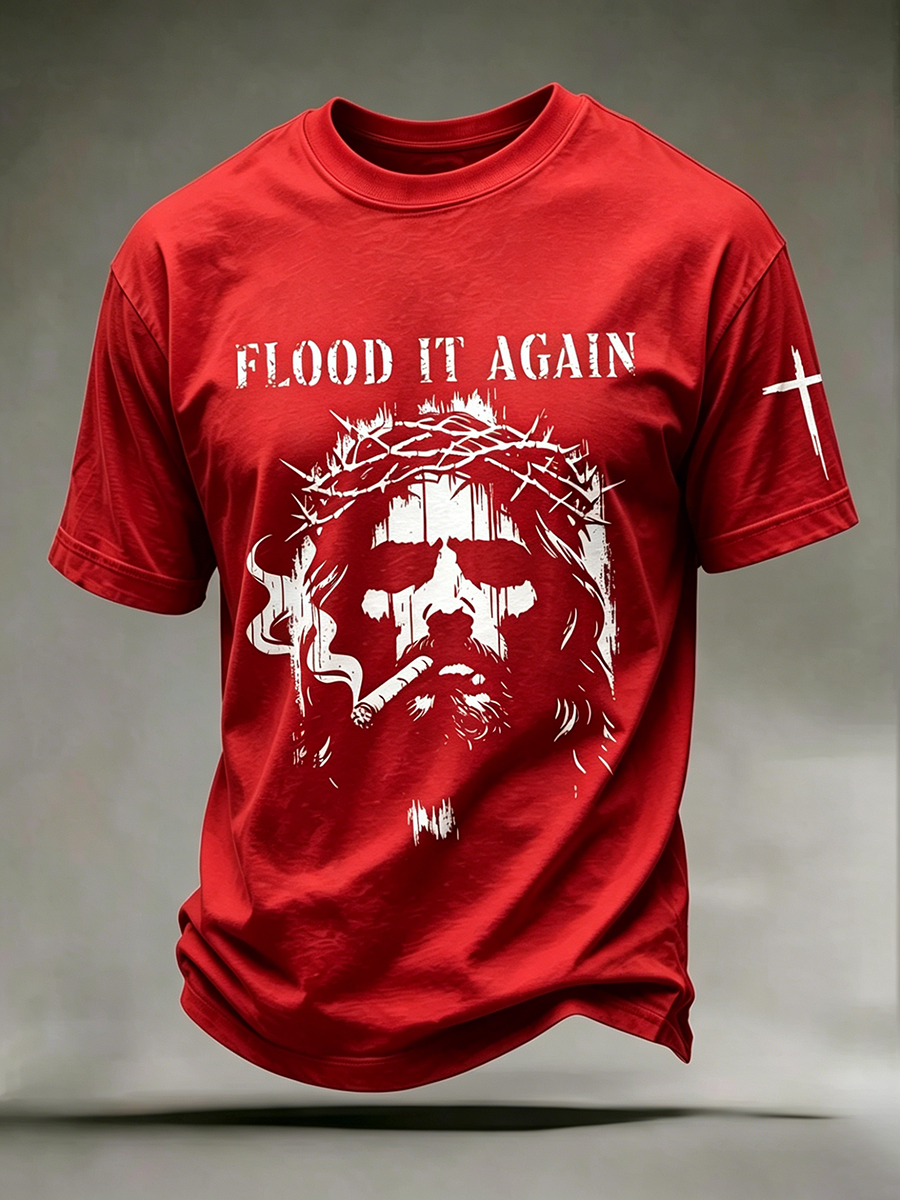 Faith Jesus Cross Embroidered Printed Casual Round Neck T-Shirt