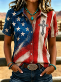 Women'S Retro Cross American Flag Printed Short Sleeved Shirt