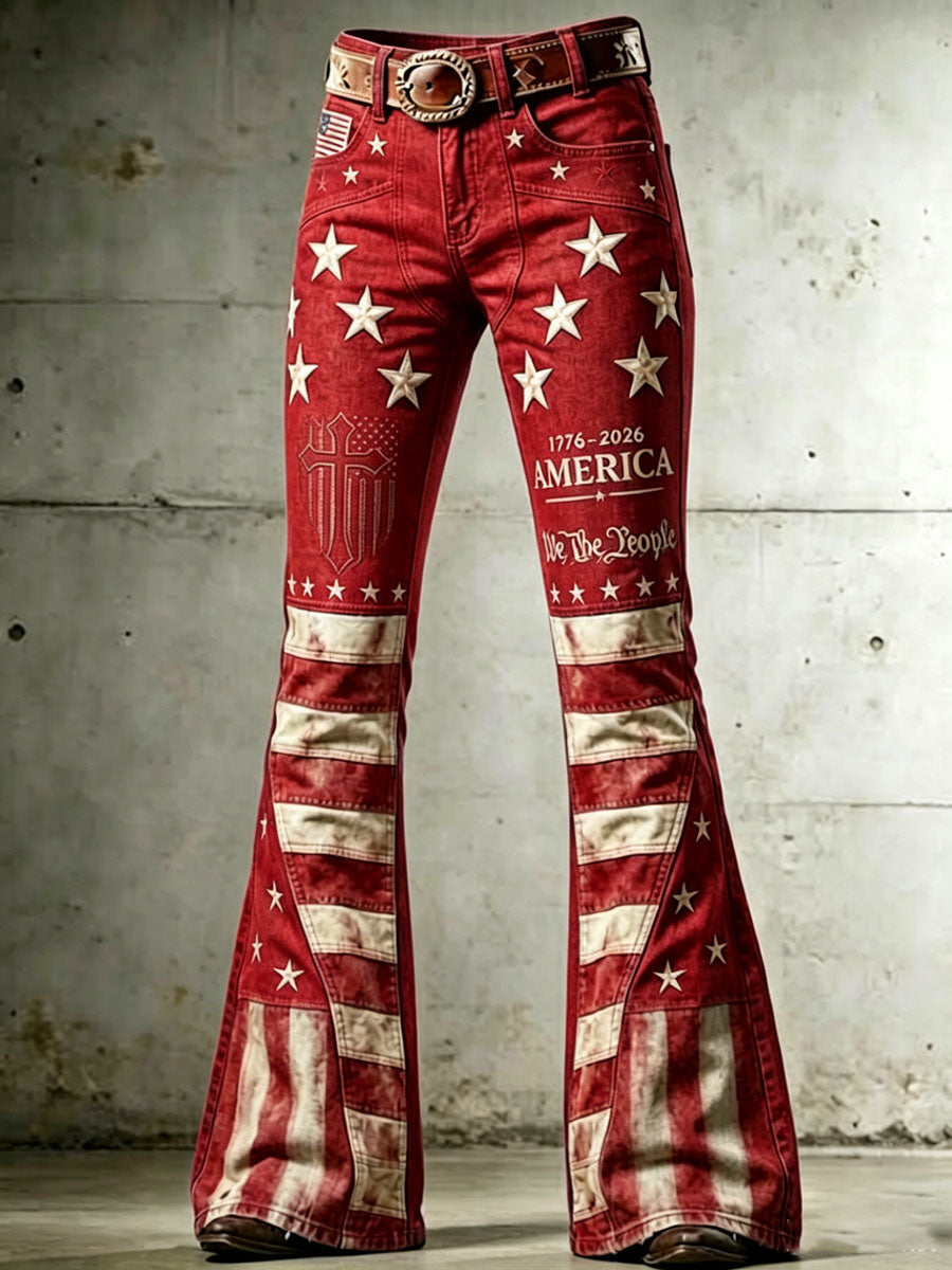 Ladies' American Flag Pattern Cross Printed Trumpet Pants