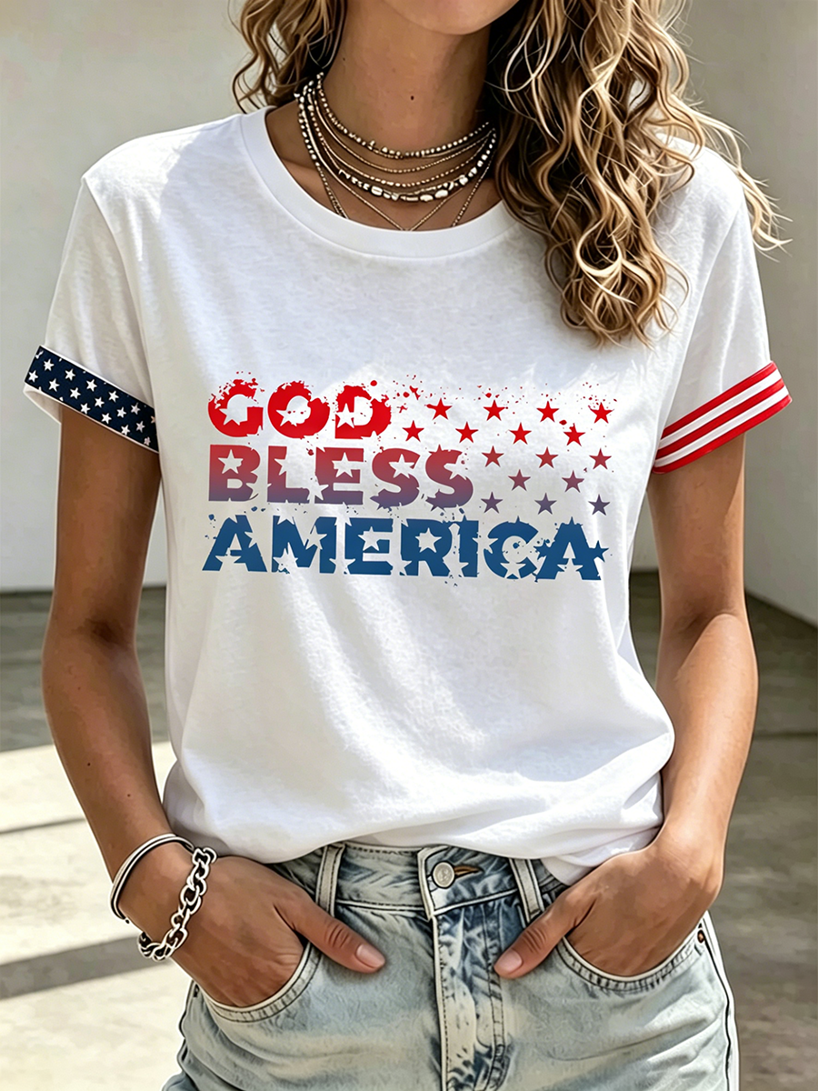 God Bless America Faith Commemorative Printed Casual T-Shirt