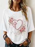 Women's Heart Cross Floral Embroidery Loose Fit Short Sleeve Crew Neck Casual T-shirt