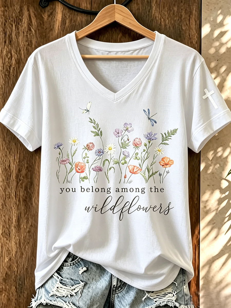 Faith In Jesus Slogan Commemorative Print V-Neck T-Shirt