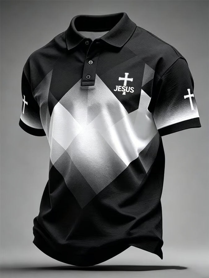 Men's Jesus Cross Printed Casual Polo Shirt