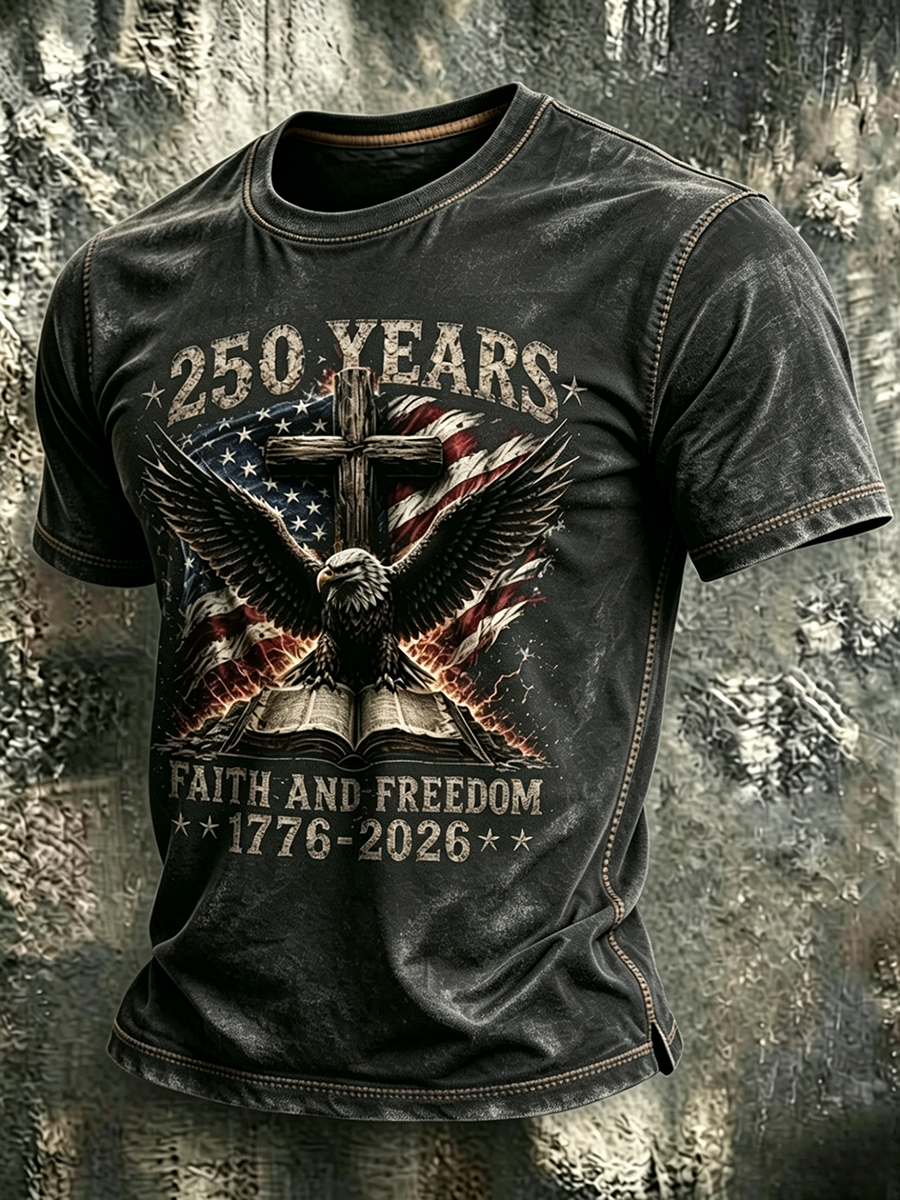 American Anniversary Celebration Commemorative Faith Printed Round Neck T-Shirt
