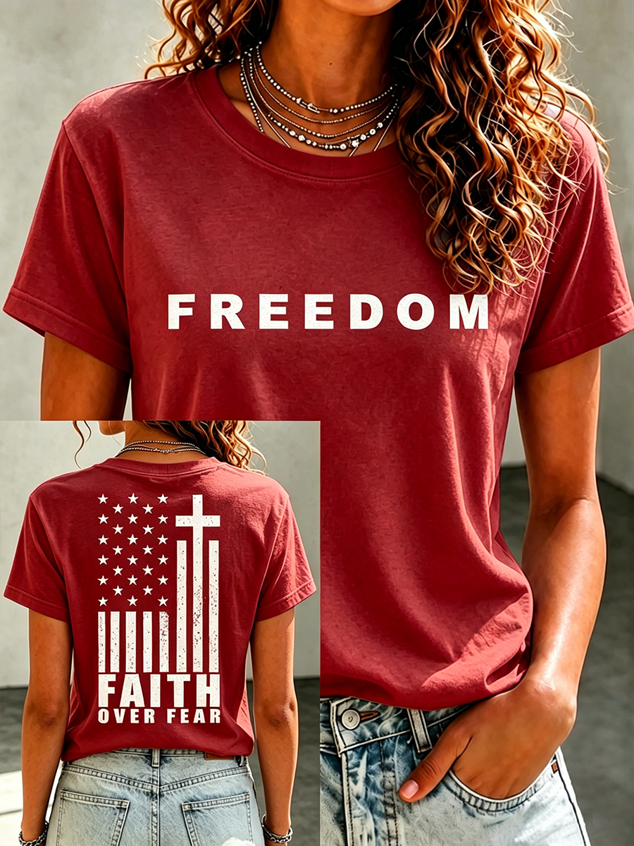 Freedom America Flag Faith Commemorative Printed Casual T-Shirt