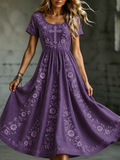 Retro Elegant Floral Art Linen Blend Dress